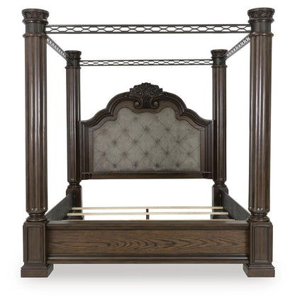 Maylee Queen Canopy Bed, Dresser, Mirror and Nightstand