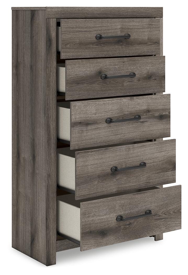 Graystorm Full Panel Bed with Storage, Dresser, Mirror, Chest and Nightstand