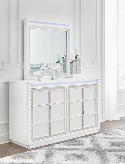 Chalanna King Upholstered Storage Bed, Dresser, Mirror and Nightstand