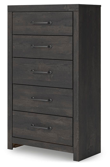 Hollivern King Panel Bed, Dresser, Mirror, Chest and Nightstand