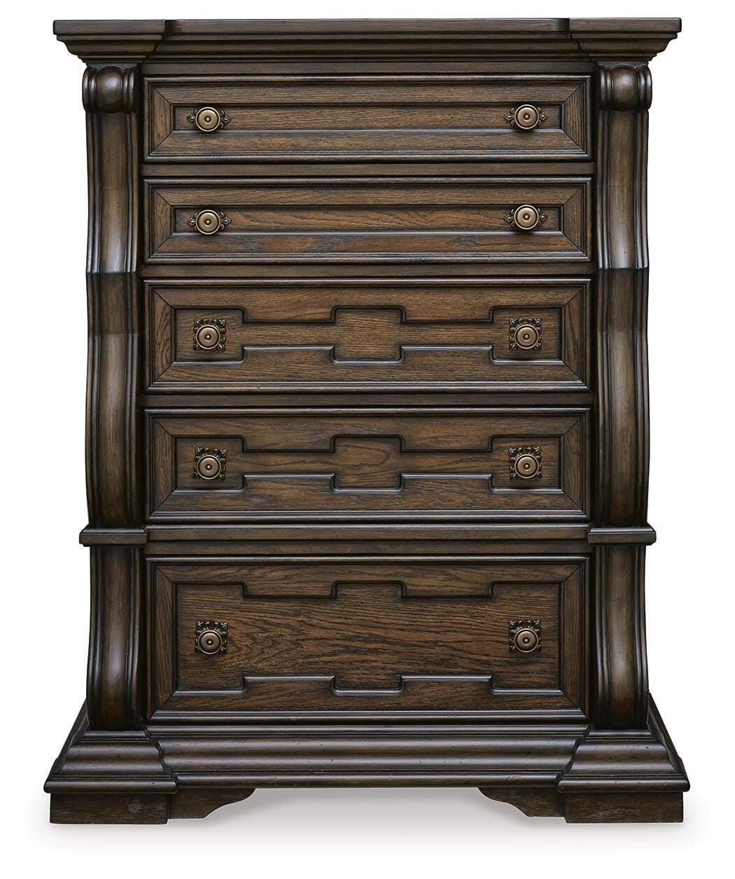 Maylee Queen Canopy Bed, Dresser, Mirror, Chest and Nightstand