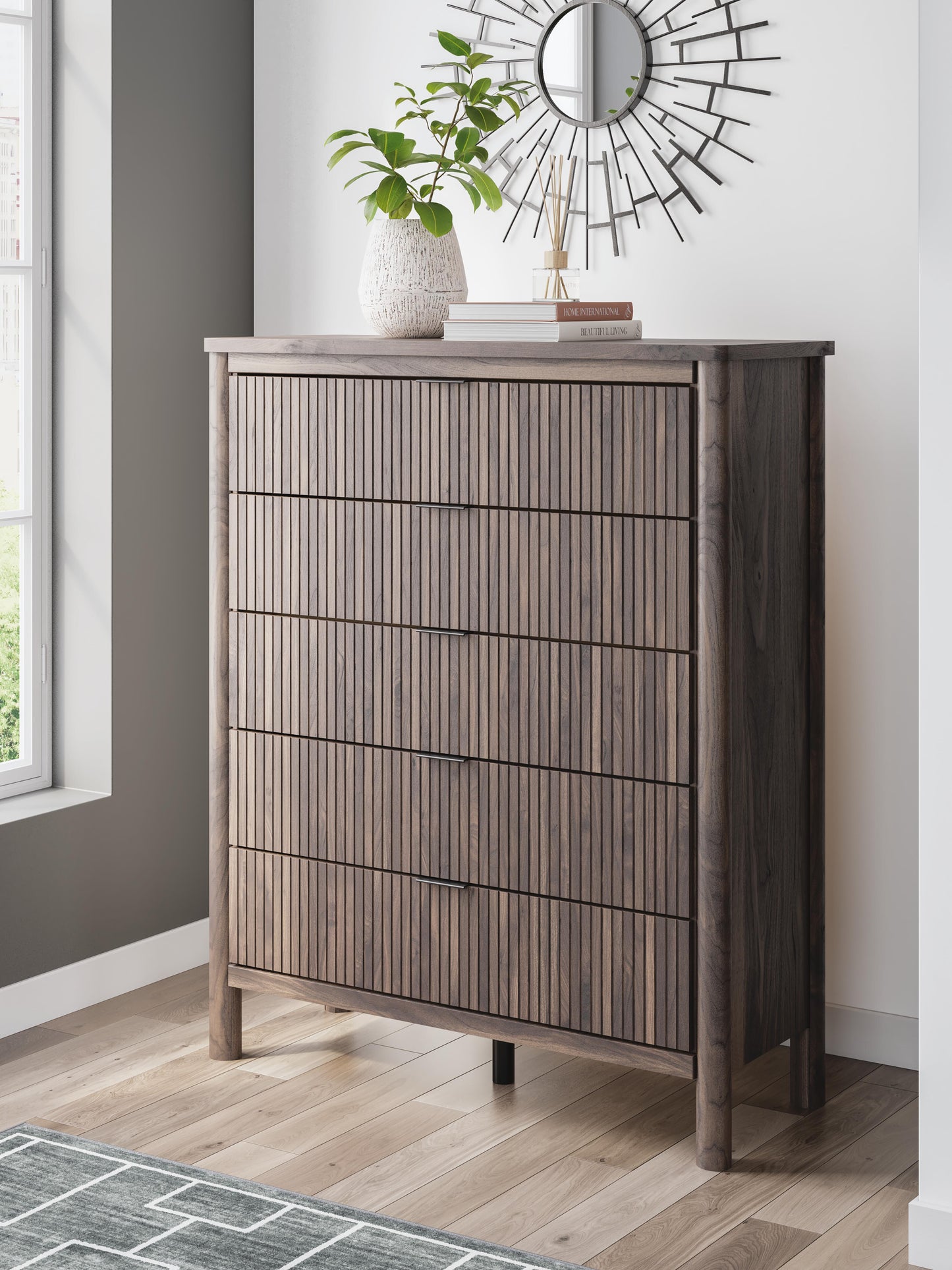Pamytta Queen Upholstered Panel Bed, Dresser, Mirror, Chest and Nightstand