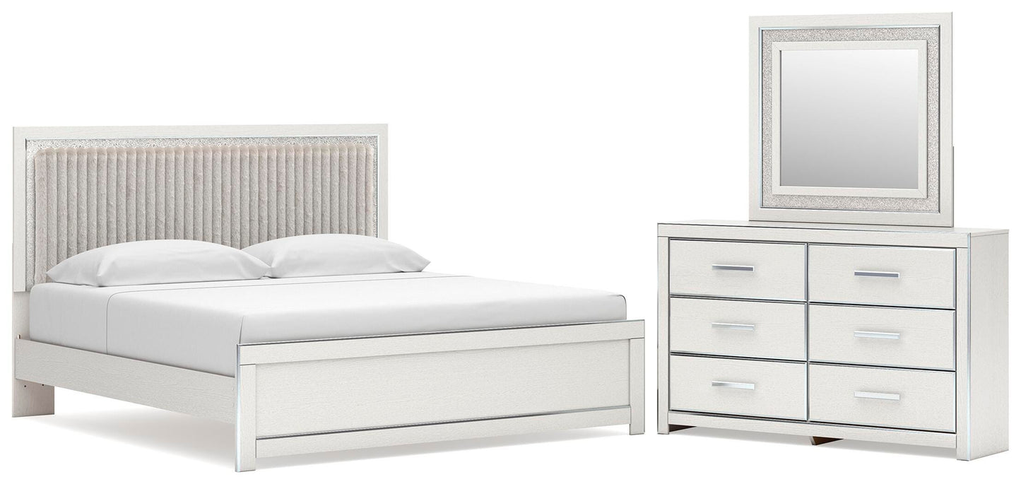 Zuraleus King Upholstered Panel Platform Bed, Dresser and Mirror