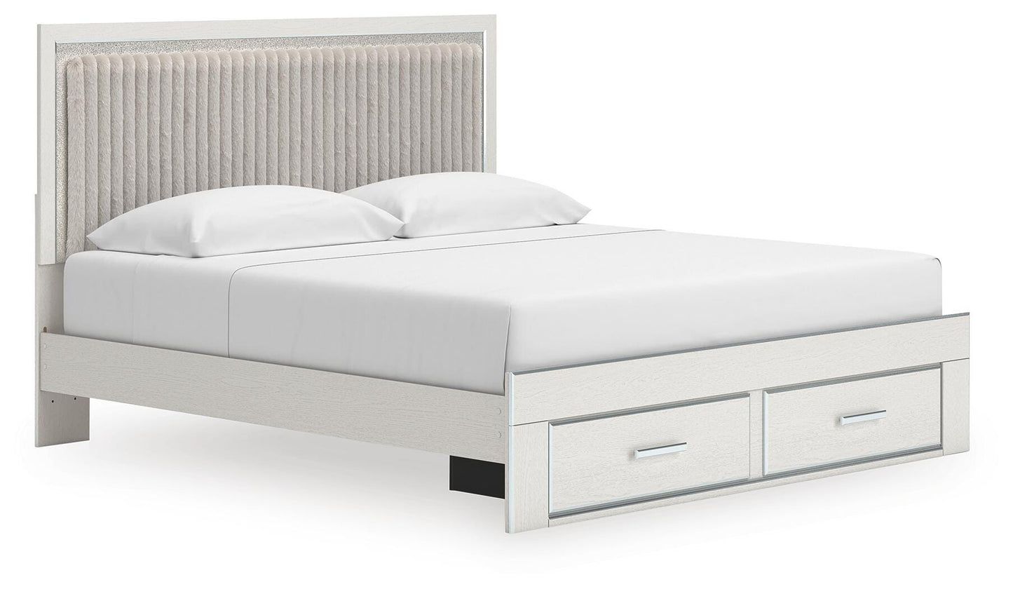 Zuraleus King Upholstered Panel Platform Storage Bed, Dresser and Mirror