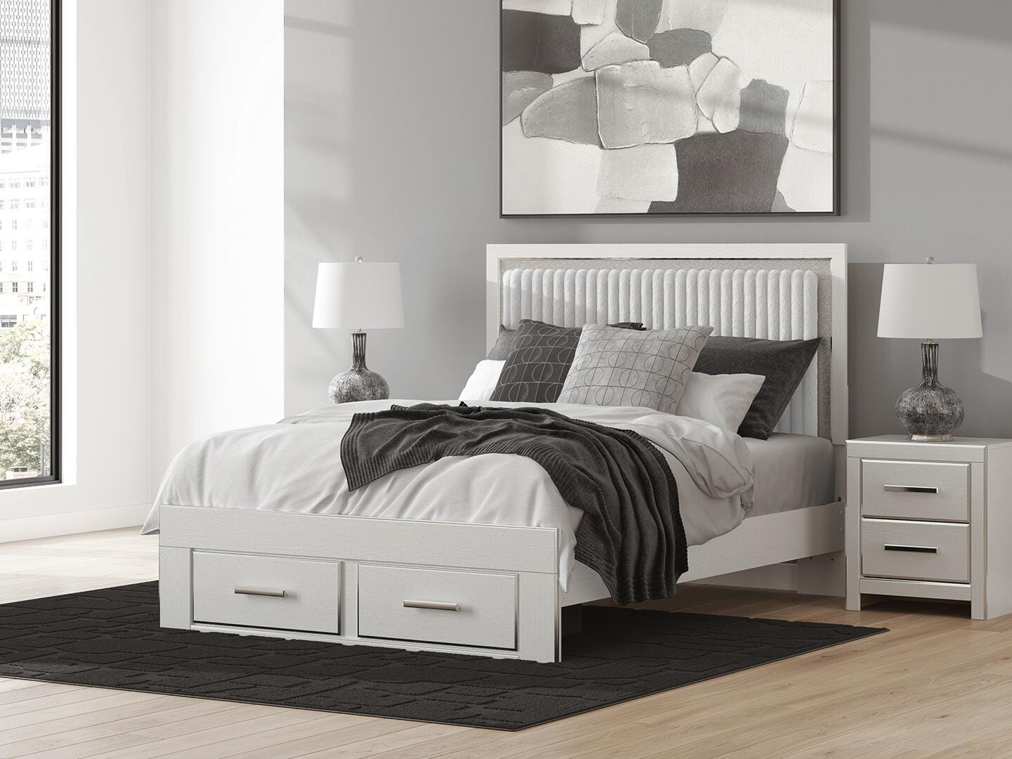 Zuraleus Queen Upholstered Panel Platform Storage Bed, Dresser and Mirror
