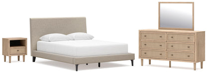 Cielden Queen Upholstered Bed with Roll Slats, Dresser, Mirror and Nightstand