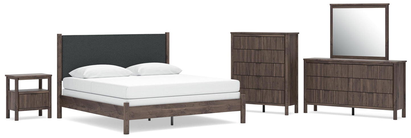 Pamytta King Upholstered Panel Bed, Dresser, Mirror, Chest and Nightstand
