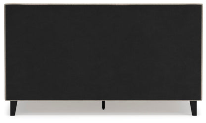 Cielden California King Upholstered Bed with Roll Slats, Dresser and Mirror