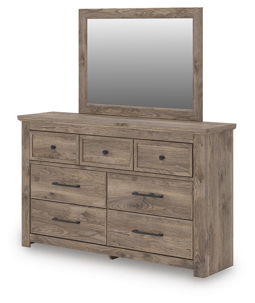 Rusticott Queen Poster Bed with Mirrored Dresser and Nightstand