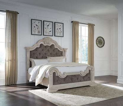 Bruchandi King Upholstered Panel Bed with Mirrored Dresser and Nightstand