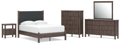 Pamytta Full Upholstered Panel Platform Bed, Dresser, Mirror, Chest and Nightstand