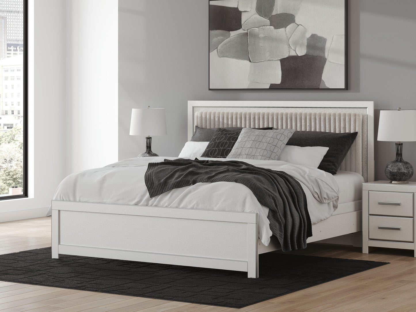 Zuraleus King Upholstered Panel Bed, Dresser, Mirror and Nightstand
