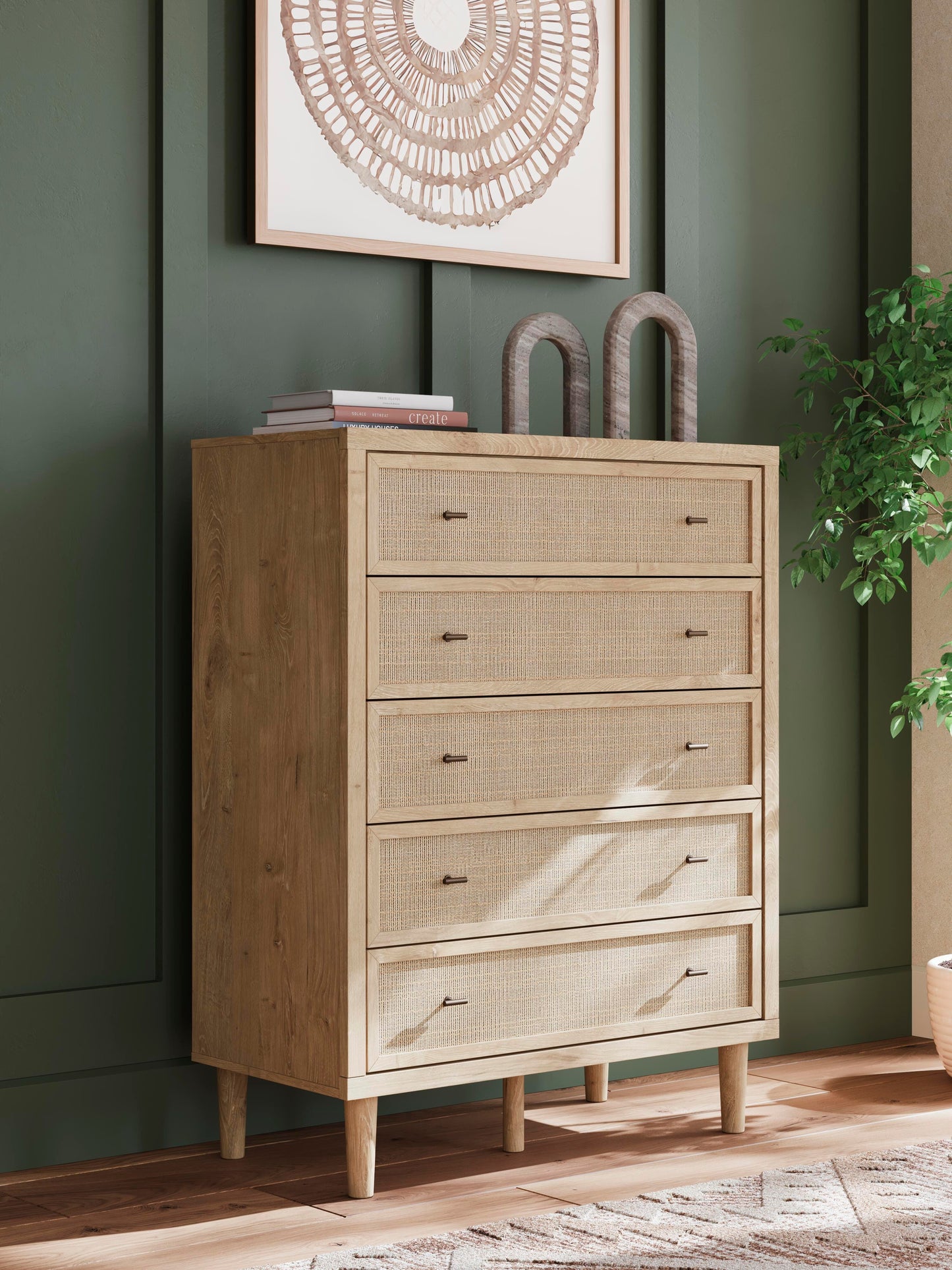 Cielden Full Upholstered Bed with Roll Slats, Dresser, Mirror, Chest and Nightstand