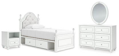 Kozlani Twin Upholstered Panel Storage Bed, Dresser, Mirror and Nightstand