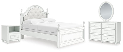 Kozlani Full Upholstered Panel Bed, Dresser, Mirror and Nightstand
