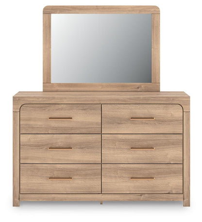 Kinlanni Queen Upholstered Panel Bed, Dresser and Mirror