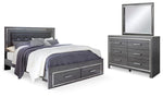 Lodanna King Panel Bed with 2 Storage Drawers with Mirrored Dresser Gray