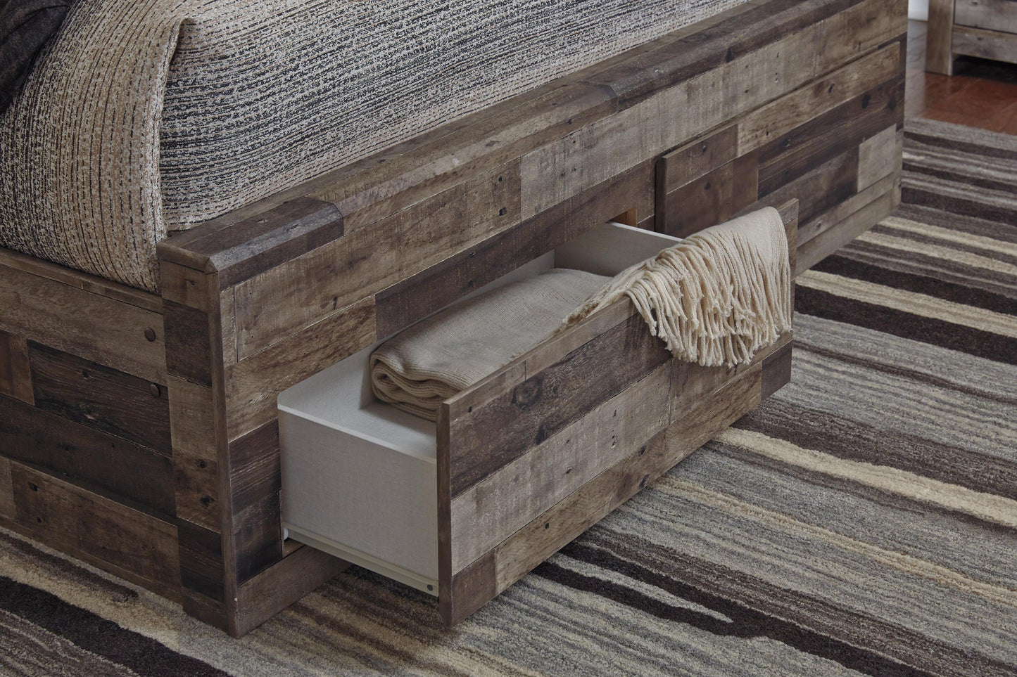 Derekson Queen Panel Bed with 6 Storage Drawers with Mirrored Dresser, Chest and Nightstand