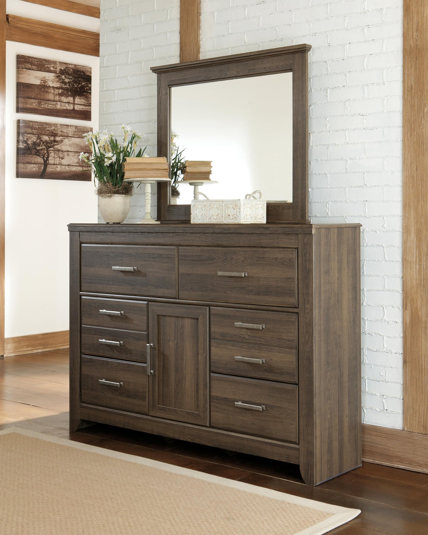 Juararo King/California King Panel Headboard Bed with Mirrored Dresser, Chest and Nightstand