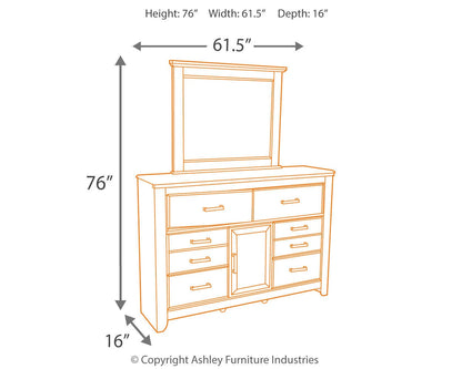 Juararo King Poster Bed with Mirrored Dresser, Chest and Nightstand