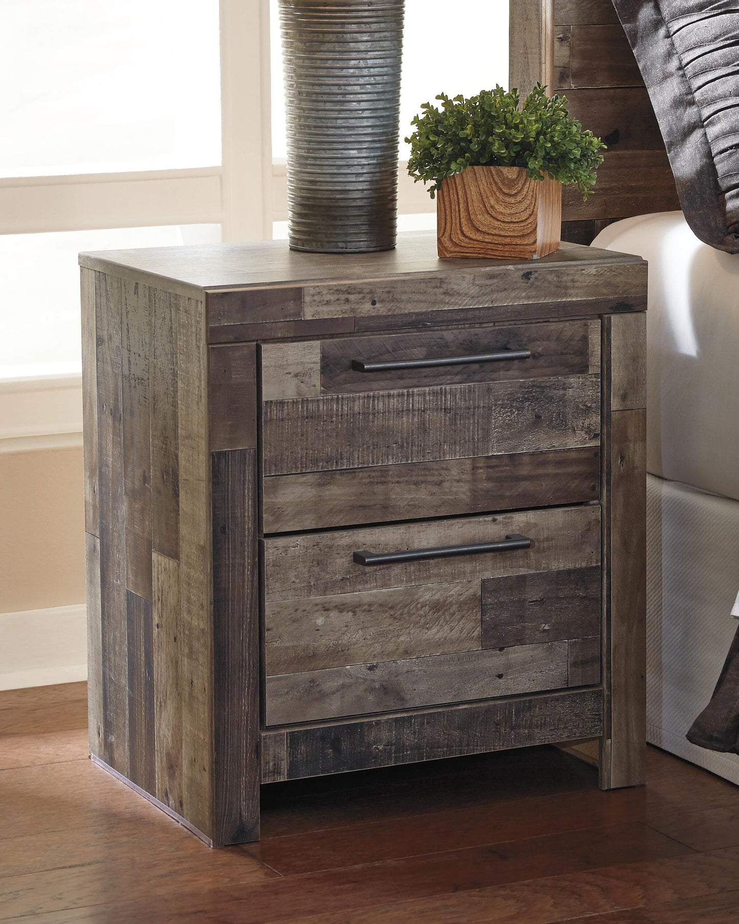 Derekson King Panel Bed with 2 Storage Drawers with Mirrored Dresser, Chest and Nightstand