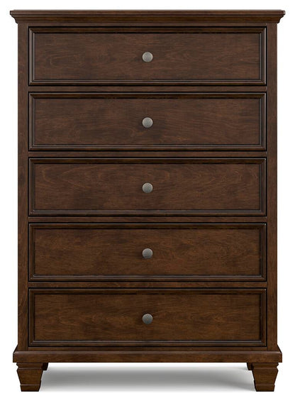 Danabrin California King Panel Bed with Mirrored Dresser, Chest and Nightstand