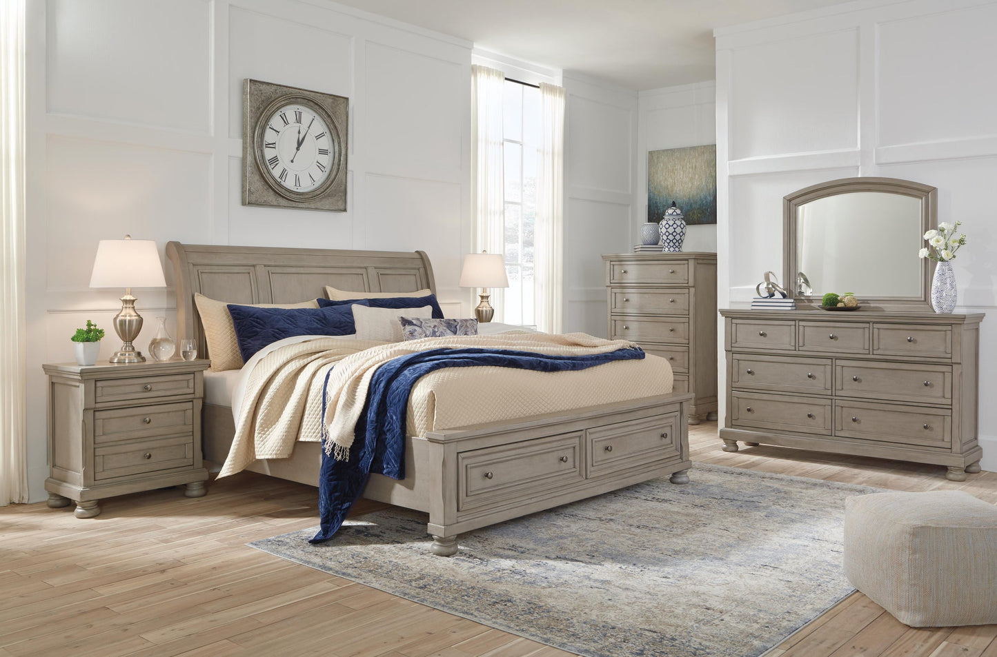 Lettner Queen Sleigh Bed with 2 Storage Drawers with Mirrored Dresser, Chest and Nightstand