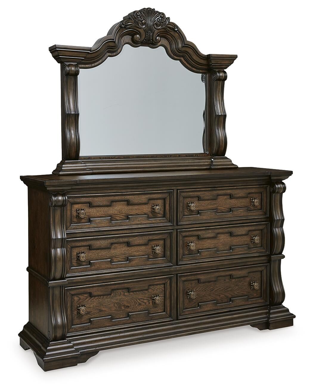 Maylee California King Upholstered Bed with Mirrored Dresser and Nightstand