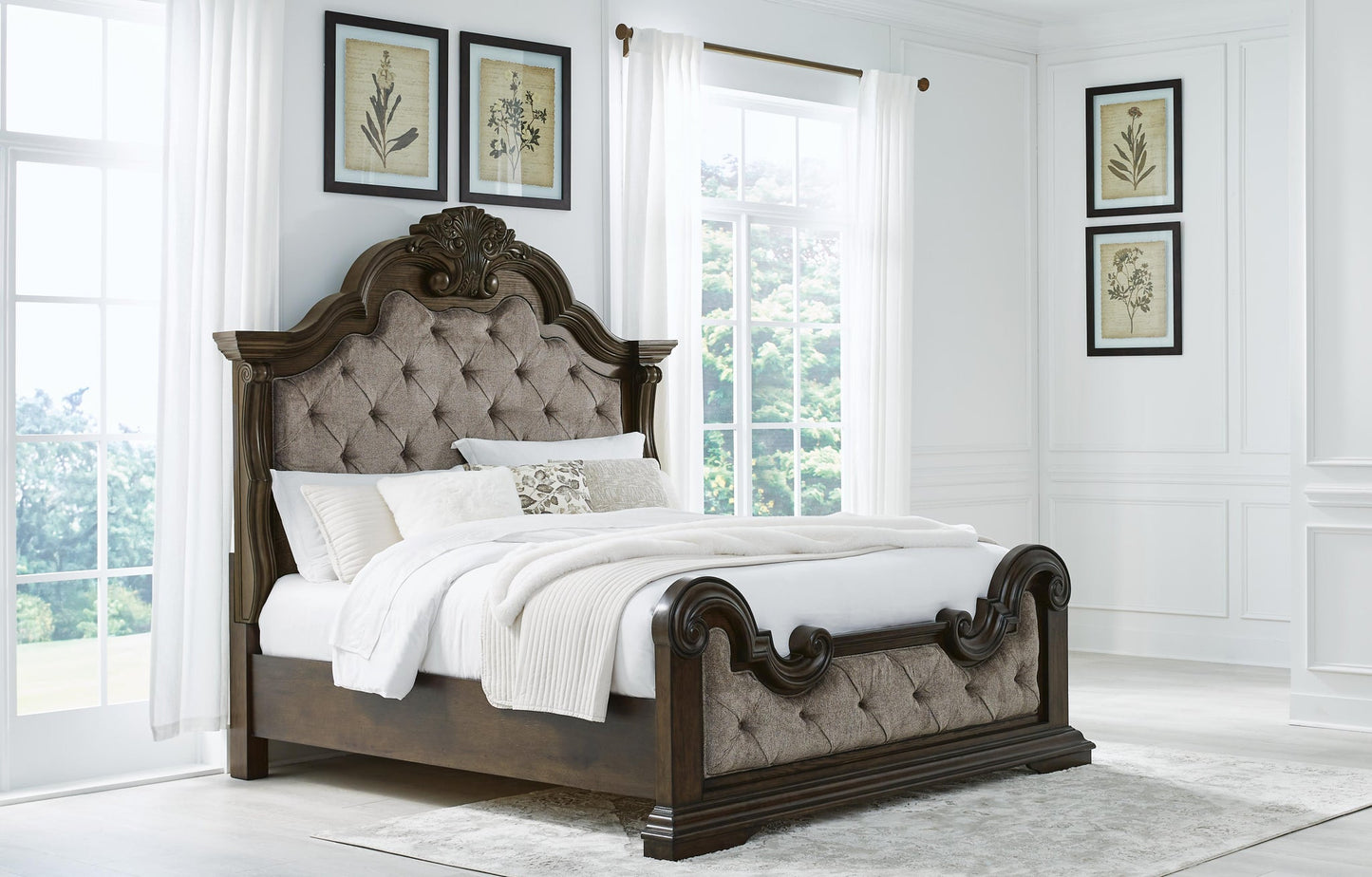 Maylee California King Upholstered Bed with Mirrored Dresser and Nightstand