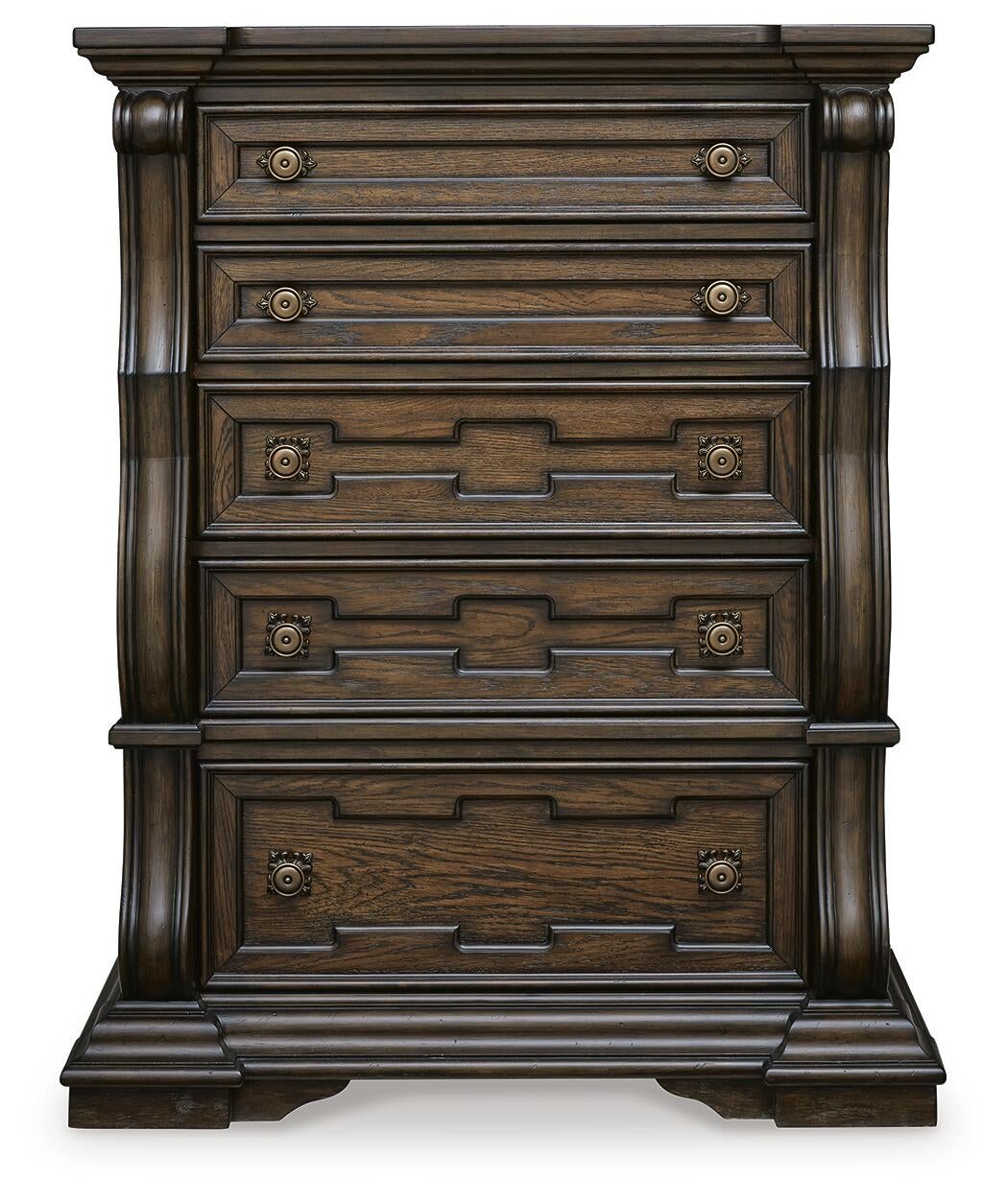 Maylee California King Upholstered Bed, Dresser, Mirror, Chest and Nightstand