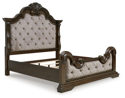 Maylee California King Upholstered Bed, Dresser, Mirror, Chest and Nightstand