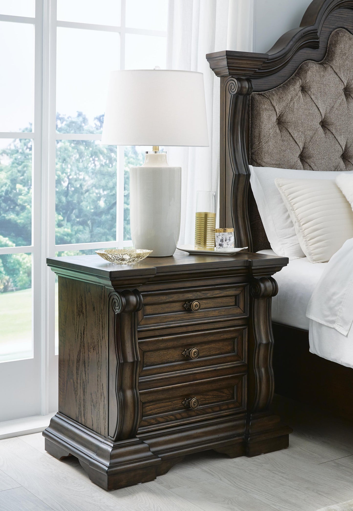 Maylee California King Upholstered Bed, Dresser, Mirror, Chest and Nightstand