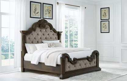 Maylee Queen Upholstered Bed with Mirrored Dresser and Nightstand