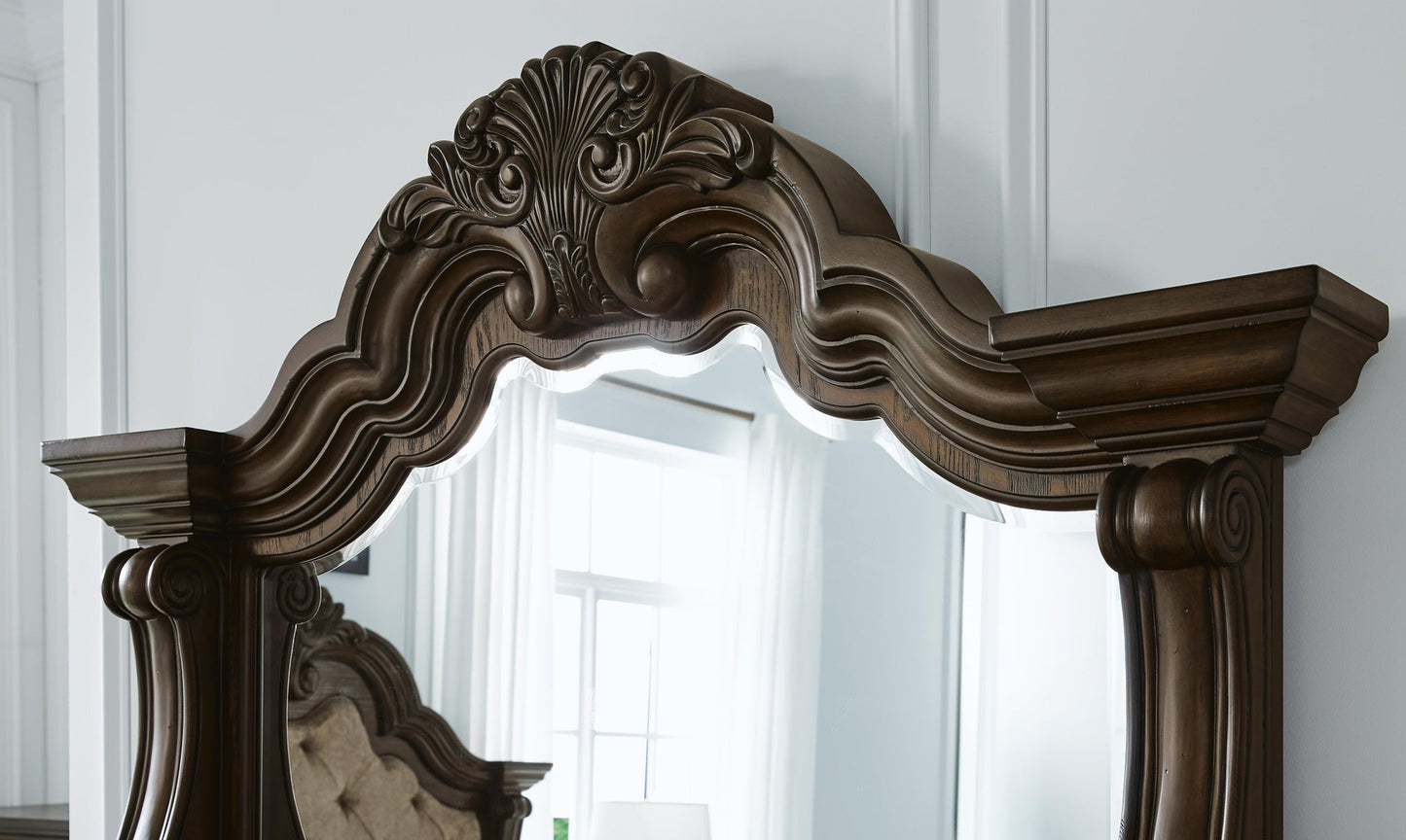 Maylee Queen Upholstered Bed with Mirrored Dresser