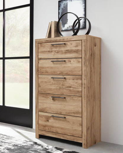 Hyanna Queen Panel Storage Bed with 1 Under Bed Storage Drawer, Dresser, Mirror, Chest and Nightstand