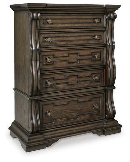 Maylee King Upholstered Bed, Dresser, Mirror, Chest and Nightstand