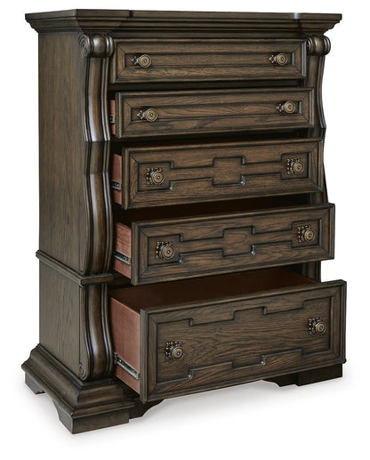 Maylee King Upholstered Bed, Dresser, Mirror, Chest and Nightstand