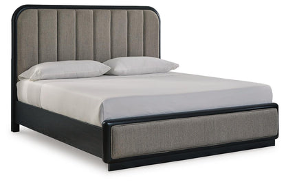Rowanbeck King Upholstered Panel Bed, Dresser, Mirror and Nightstand