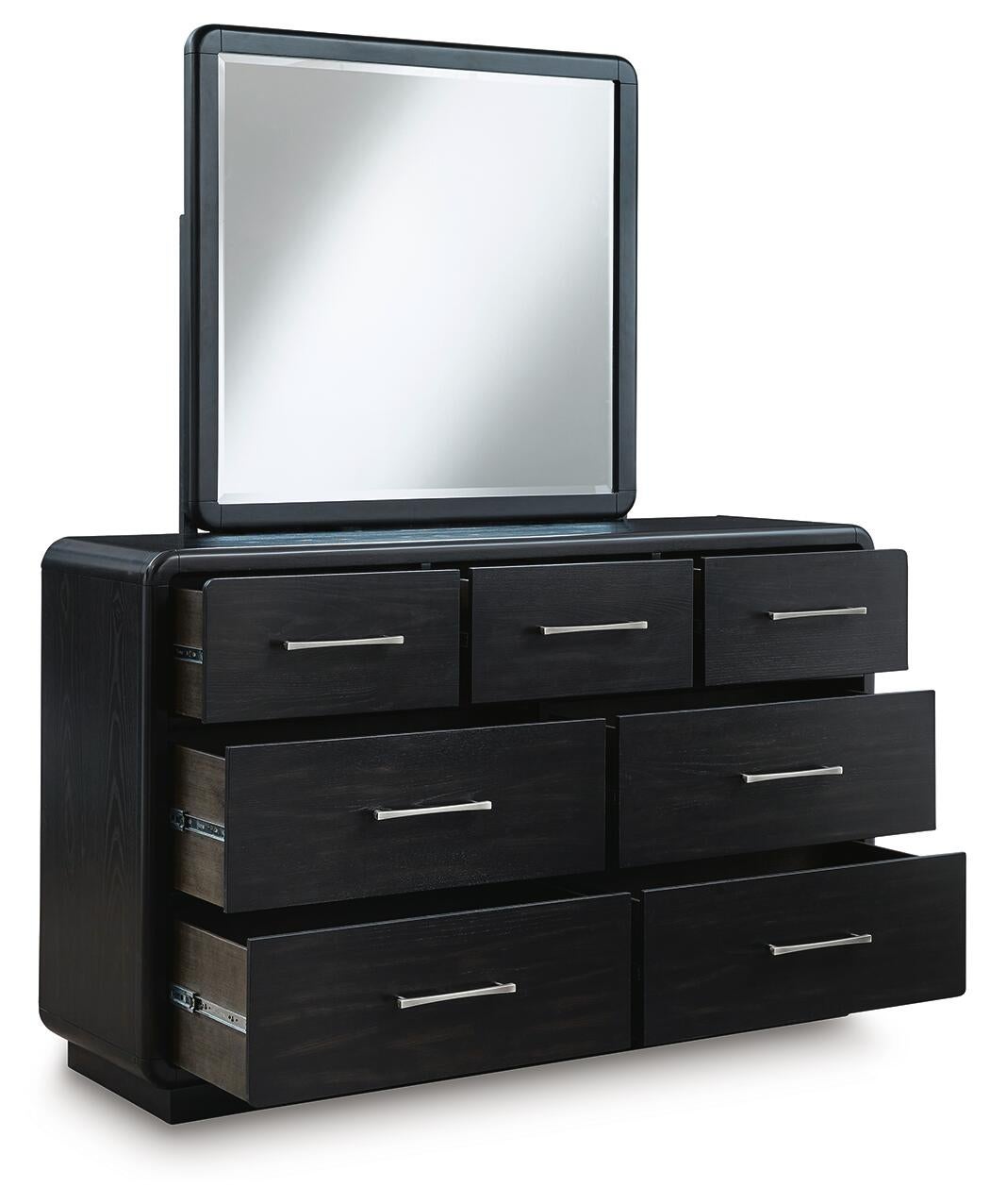 Rowanbeck Queen Upholstered Panel Bed with Mirrored Dresser and Nightstand