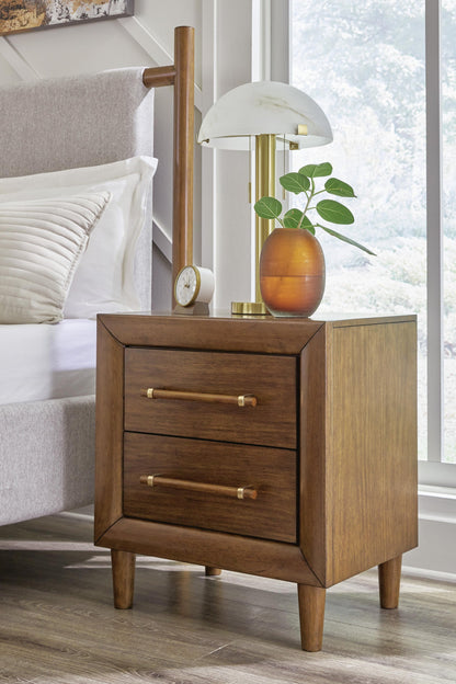 Lyncott California King Upholstered Bed with Mirrored Dresser and Nightstand