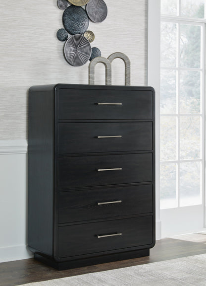 Rowanbeck King Upholstered Panel Bed, Dresser, Mirror, Chest and Nightstand
