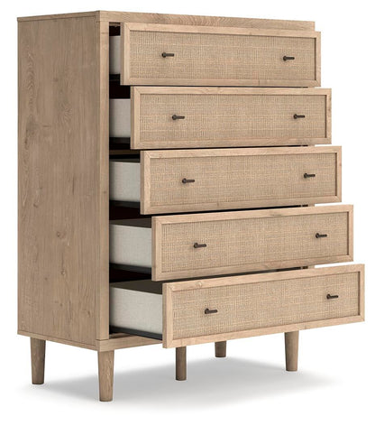 Cielden Full Upholstered Panel Bed with Mirrored Dresser, Chest and Nightstand