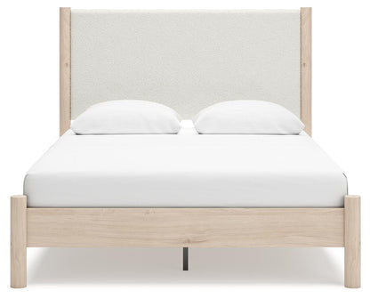 Cadmori Queen Upholstered Panel Bed with Mirrored Dresser and Nightstand