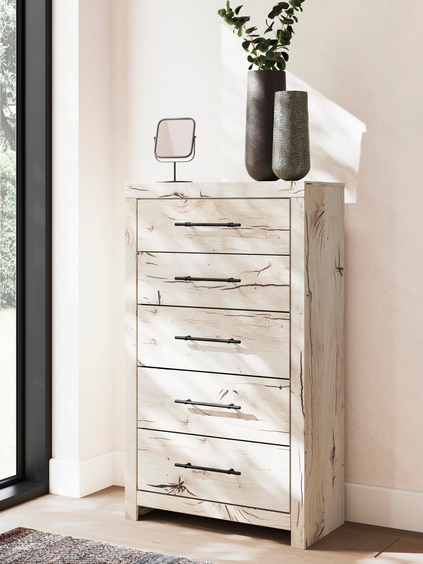 Lawroy King Panel Bed with Storage, Dresser, Mirror, Chest and Nightstand