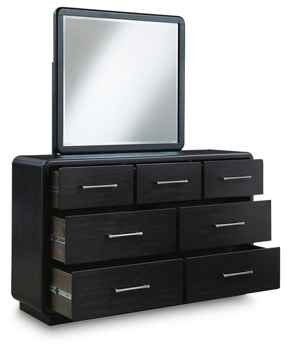 Rowanbeck California King Upholstered Panel Bed, Dresser, Mirror and Nightstand