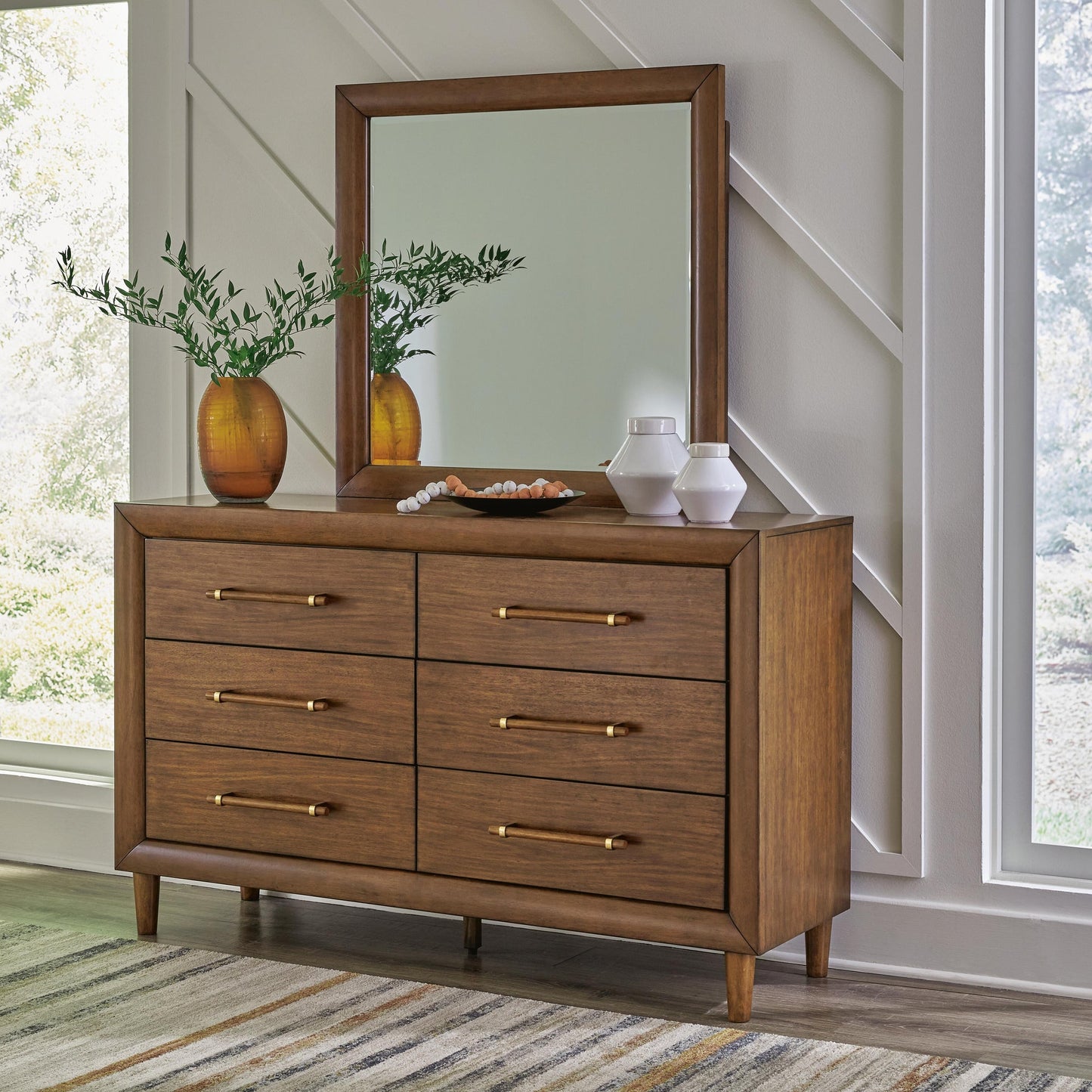 Lyncott California King Upholstered Bed, Dresser, Mirror, Chest and Nightstand