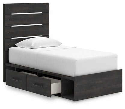 Delmorta Twin Panel Bed with Storage, Dresser, Mirror, Chest and Nightstand