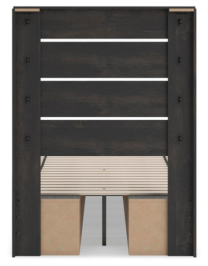 Delmorta Twin Panel Bed with Storage, Dresser, Mirror, Chest and Nightstand
