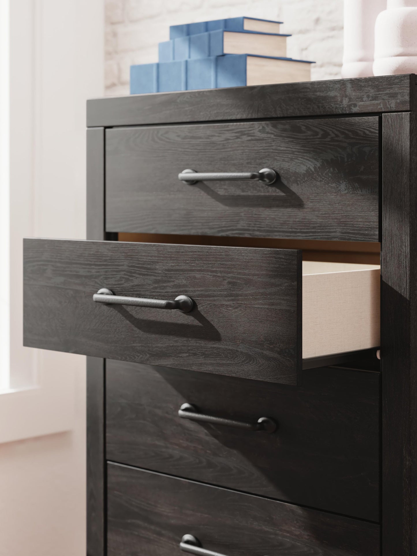Delmorta Twin Panel Bed with Storage, Dresser, Mirror, Chest and Nightstand