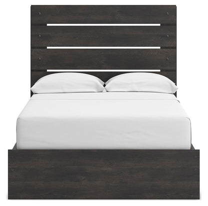 Delmorta Full Panel Bed with Storage, Dresser and Mirror